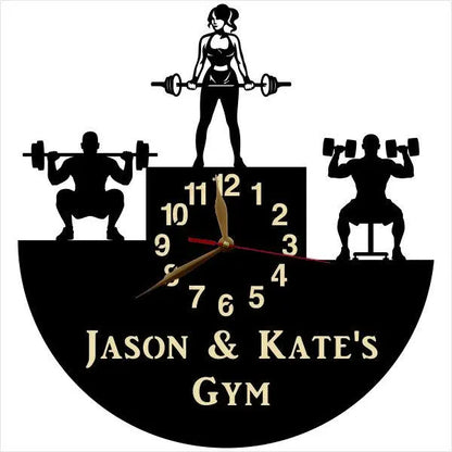 Female weightlifter standing on podium center in personalized gym clock