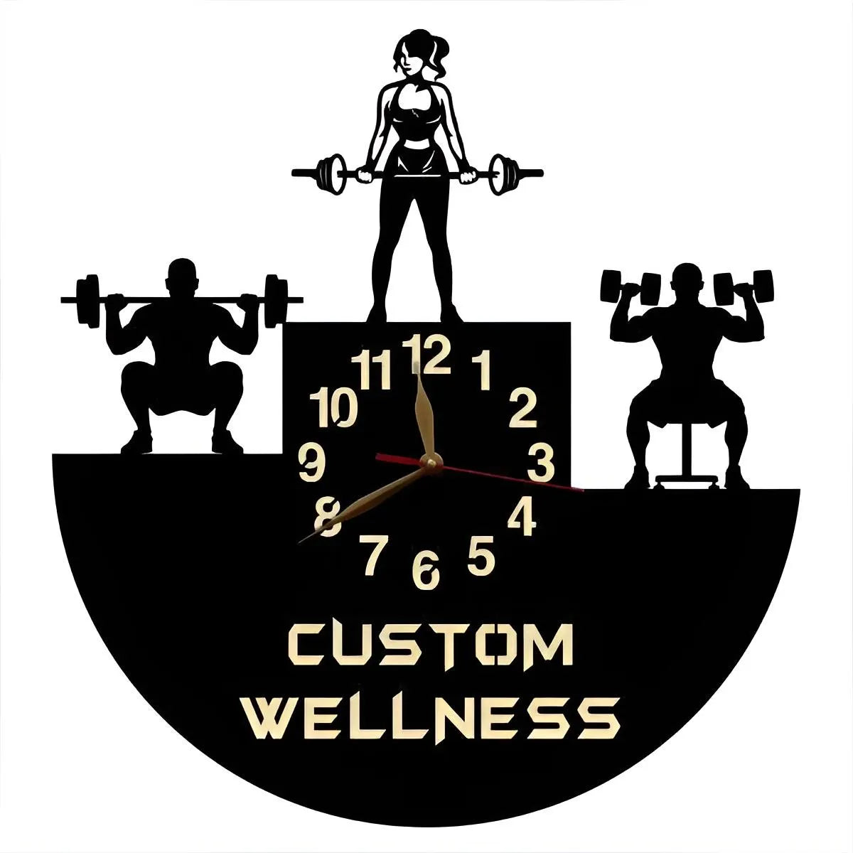 Wall clock with female bodybuilders on podium top and custom gym text