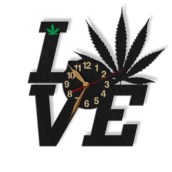 Cannabis-themed wall clock with LOVE design and weed leaf – front view