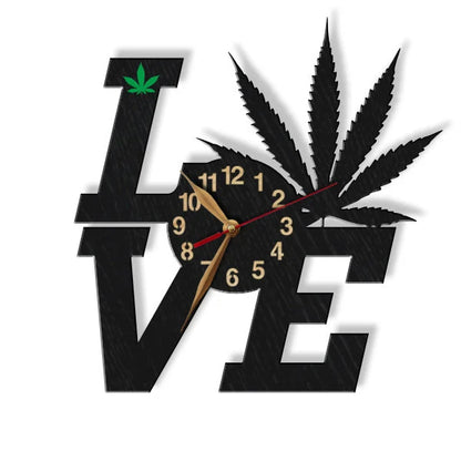Cannabis-themed wall clock with LOVE design and weed leaf – front view