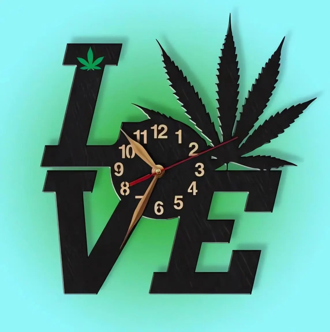 Marijuana wall clock in LOVE shape with green background – chill room decor