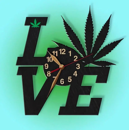 Marijuana wall clock in LOVE shape with green background – chill room decor