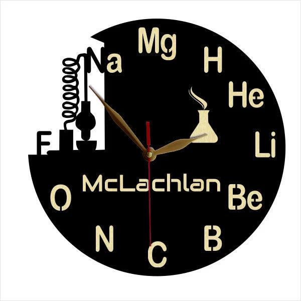 Science-themed wall clock with lab glassware and element symbols