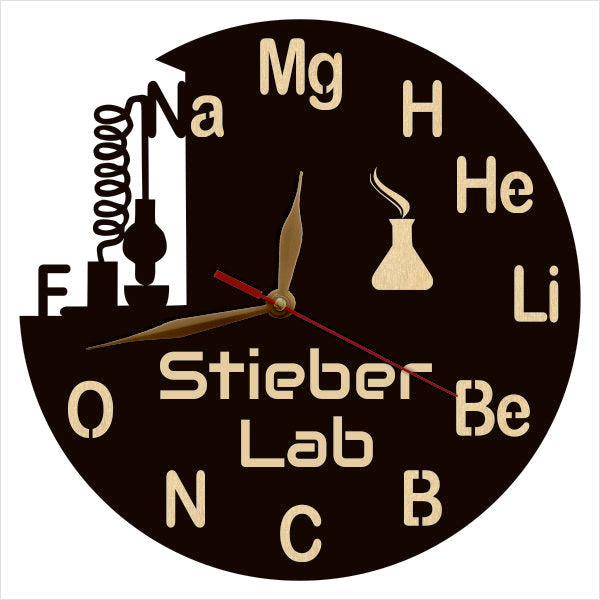 Lab wall clock for university science department with scientific symbols