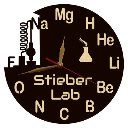Lab wall clock for university science department with scientific symbols