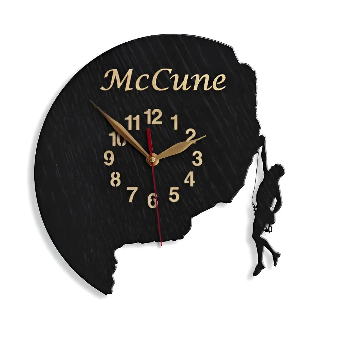 Wall clock with male climber silhouette hanging off a cliff, personalized with name