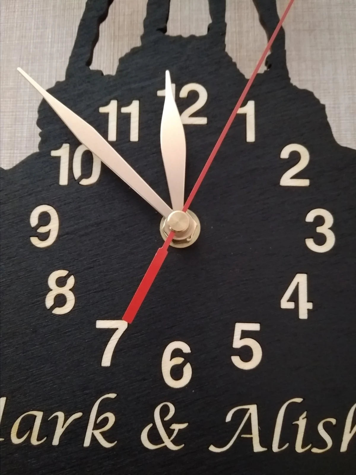 Inspirational wall clock design for hikers and couples who love the outdoors – mountain theme with engraved names.