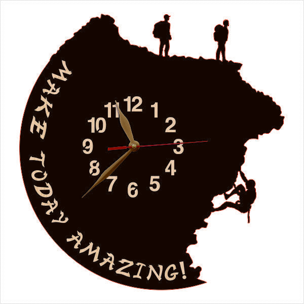 Mountain climbers clock with "Make Today Amazing" text and hiking figures on top