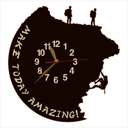 Mountain climbers clock with "Make Today Amazing" text and hiking figures on top