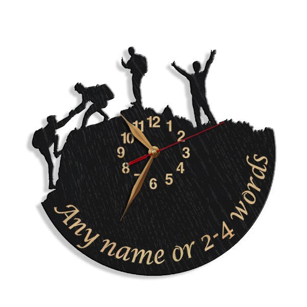 Motivational hikers clock symbolizing leadership, trust, and achievement