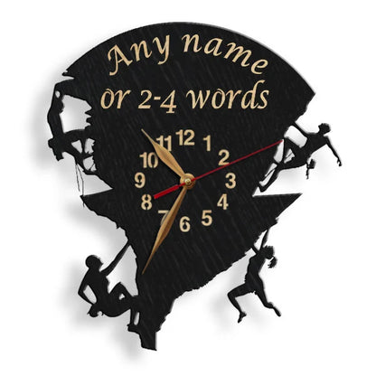 Custom climbing-themed wall clock with space for a name or team slogan above the dial