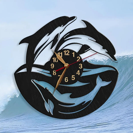 Ocean-themed dolphin clock against wave background
