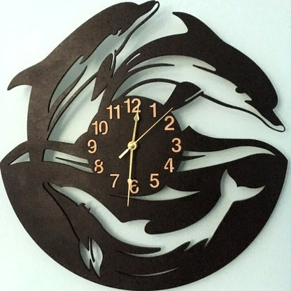 Dolphin-shaped wooden wall clock with three dolphins in motion