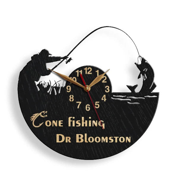 Personalized fishing wall clock with “Gone Fishing” text and custom name