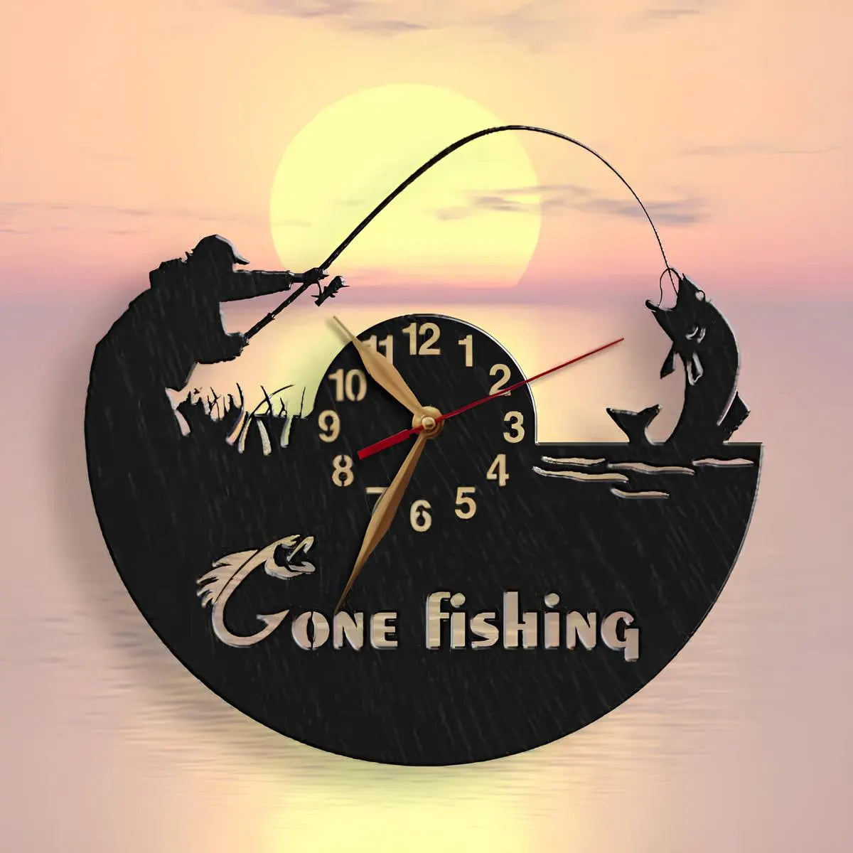 Fisherman silhouette catching a fish – wooden decorative clock