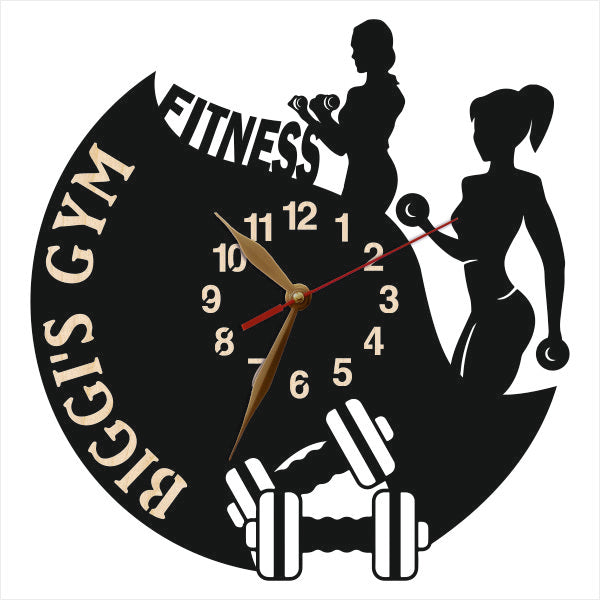 Motivational fitness decor clock with personalized inscription and two sporty women