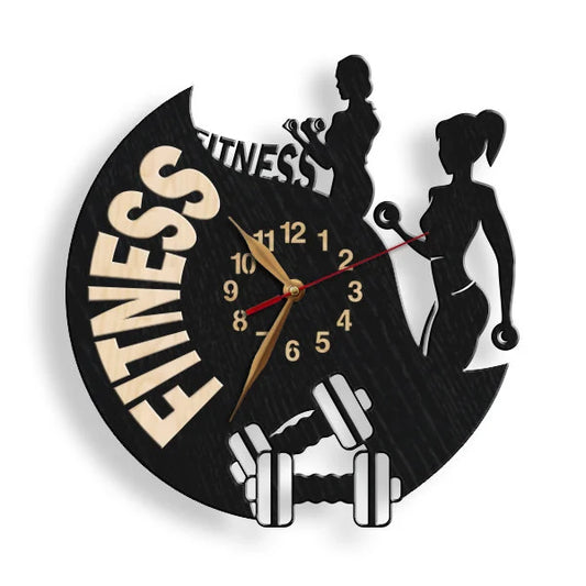 Custom wall clock with silhouette of two women training with dumbbells and the word “FITNESS”