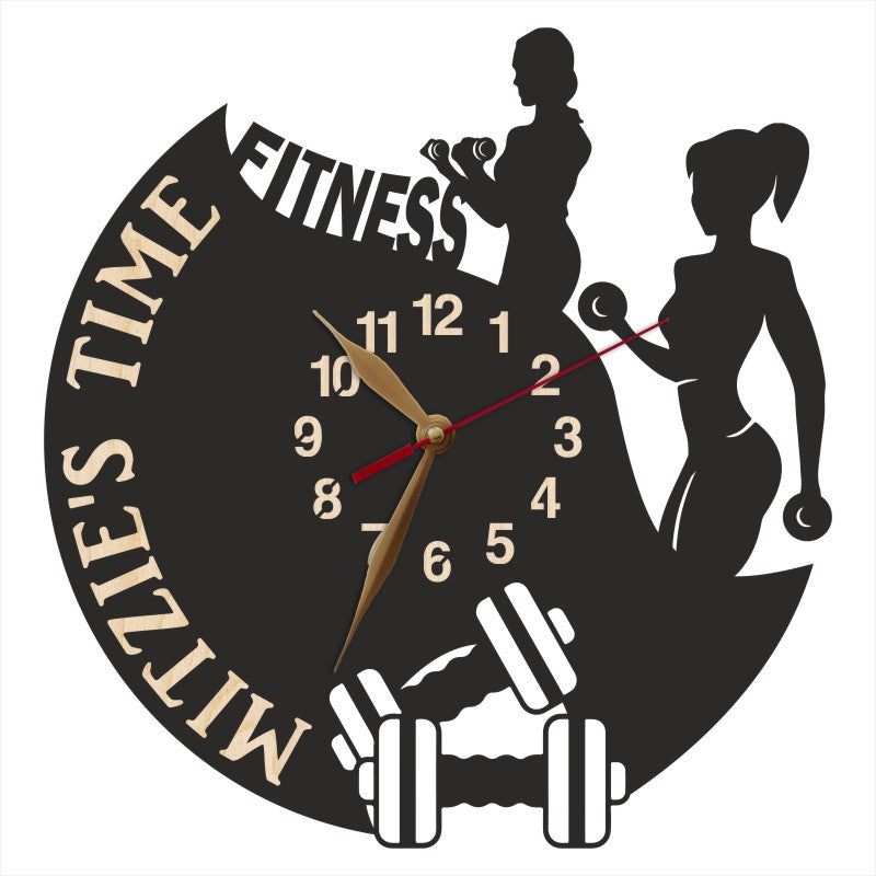 Dumbbell-themed clock for gym girls with workout silhouettes
