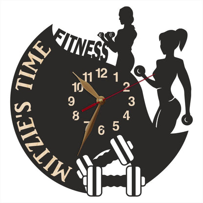 Dumbbell-themed clock for gym girls with workout silhouettes