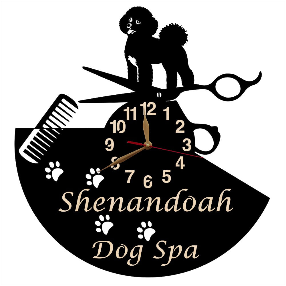Personalized dog grooming clock with Bichon Frisé silhouette and salon name