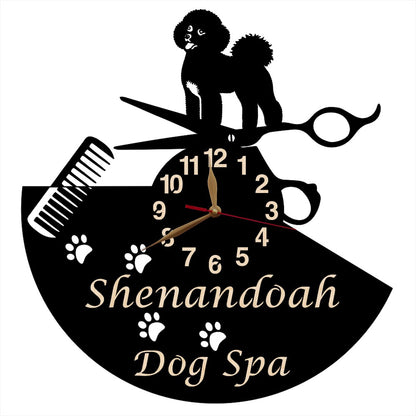 Personalized dog grooming clock with Bichon Frisé silhouette and salon name