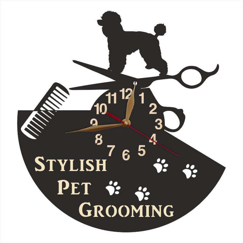 Wall clock for pet groomers featuring a Poodle and grooming tools