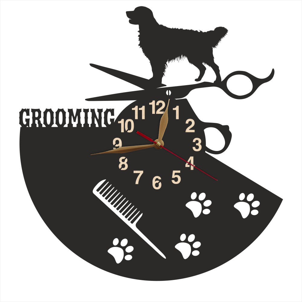 Wall clock with dog grooming theme featuring a retriever, scissors, and comb.