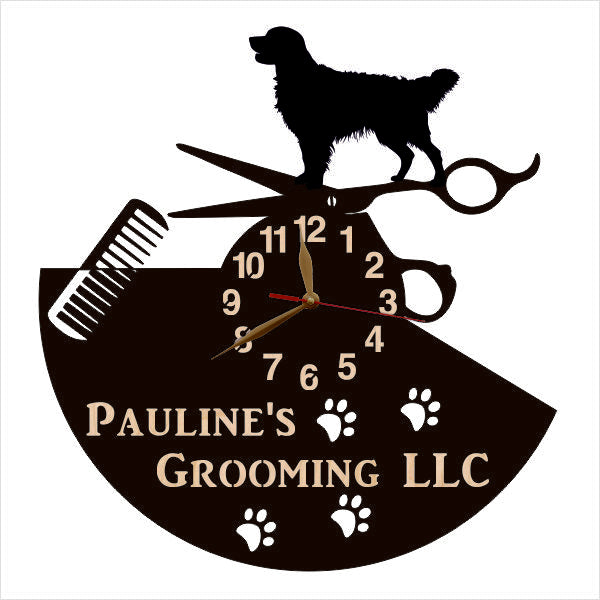 Dog grooming clock with Golden Retriever and personalized business name