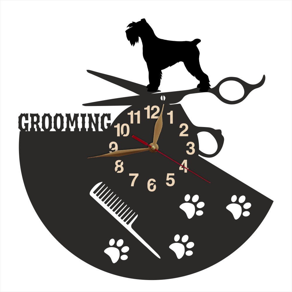 Wall clock with dog grooming theme featuring a silhouette of a schnauzer, scissors, and a comb.