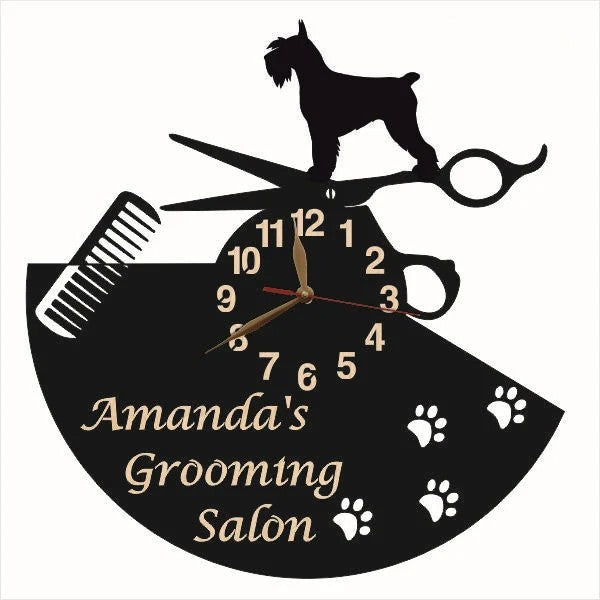 Custom Schnauzer grooming wall clock with salon logo