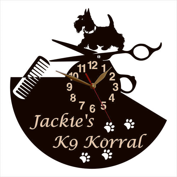 Scottish Terrier on pet grooming wall clock with scissors and pawprints