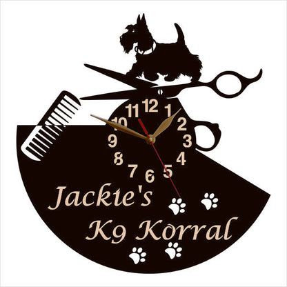 Scottish Terrier on pet grooming wall clock with scissors and pawprints