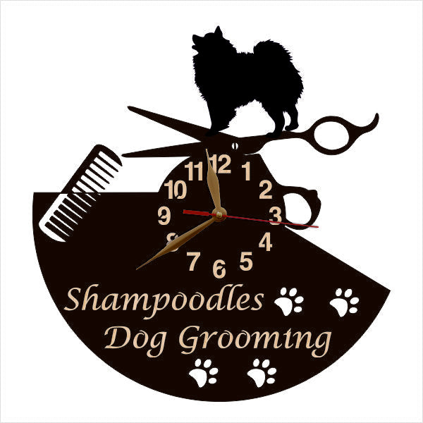 Custom clock for pet grooming featuring a Spitz silhouette
