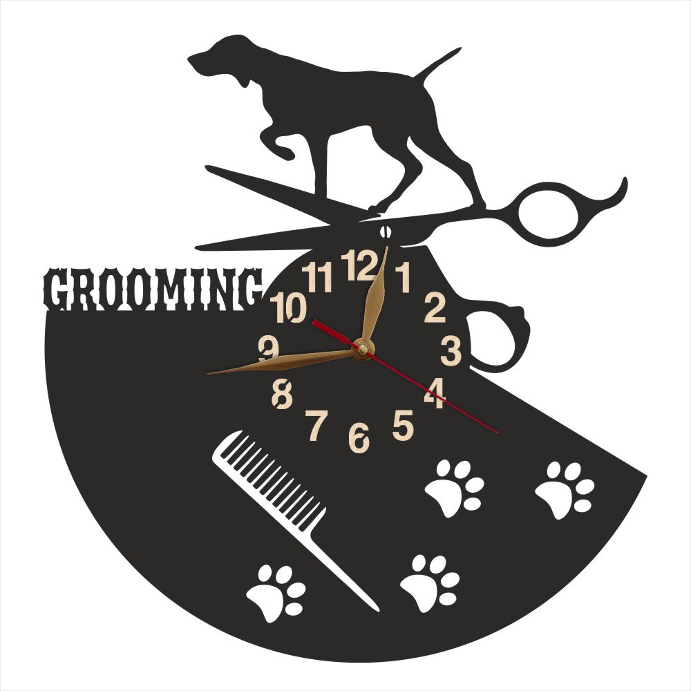 Wall clock with dog grooming design featuring a vizsla, scissors, and a comb.