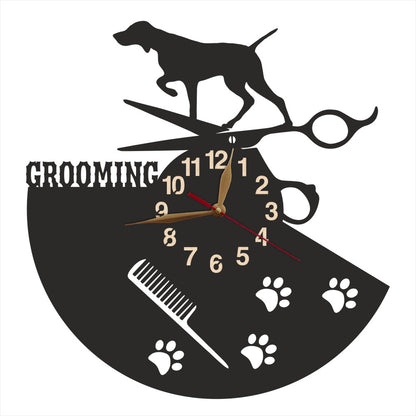 Wall clock with dog grooming design featuring a vizsla, scissors, and a comb.