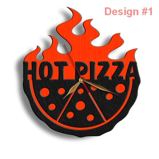 Custom pizza wall clock with red flames, hot pizza slice and personalized name