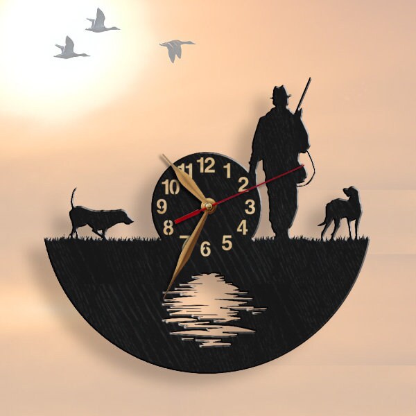 Custom hunting wall clock with dog and hunter silhouette