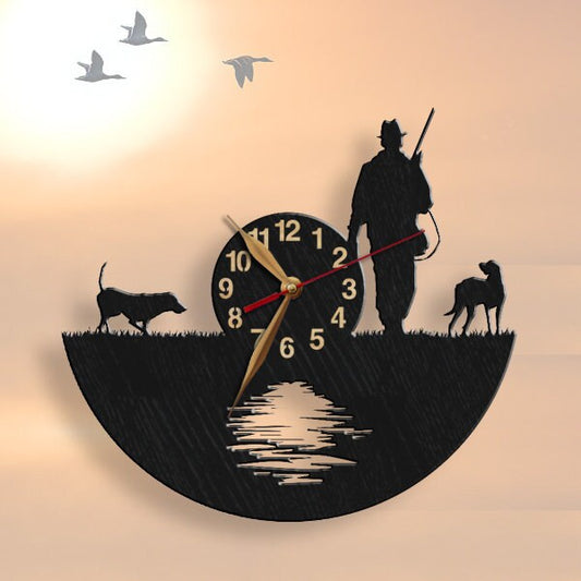 Custom hunting wall clock with dog and hunter silhouette