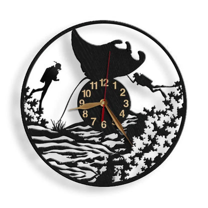 Wall clock with divers swimming under a manta ray near coral reef – front view
