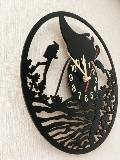 Manta ray diver clock on wall with reef design, ocean-inspired decor