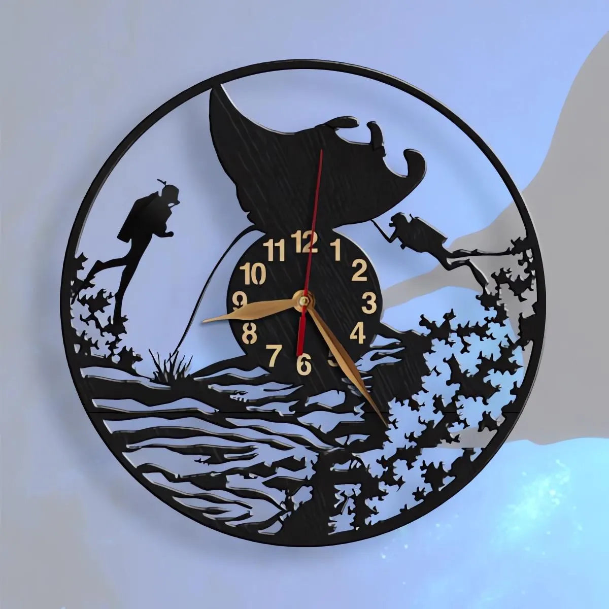 Handmade black wall clock featuring manta ray, coral reef, and scuba divers
