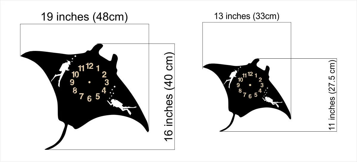 Two size options for manta ray wall clock, with divers and air bubbles