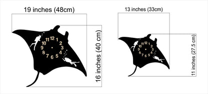 Two size options for manta ray wall clock, with divers and air bubbles