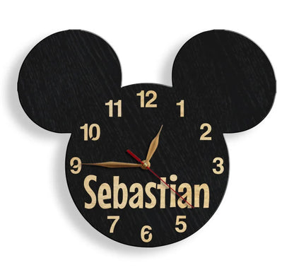 Retro Disney-style wall clock with Mickey Mouse ears and personalized name