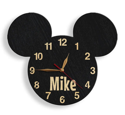 Wall clock designed like Mickey Mouse ears with custom name