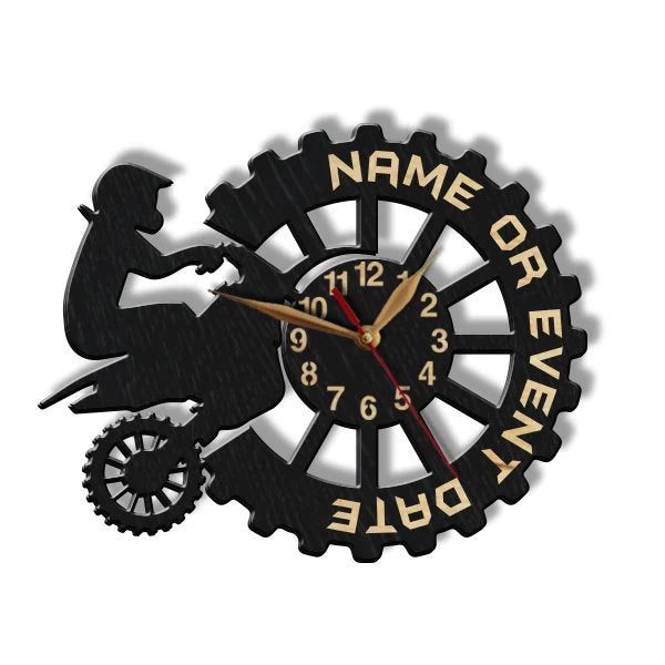 Personalized motocross wall clock with name and event text on a gear-shaped design