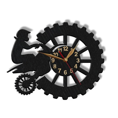 Motocross-themed wooden clock showing dirt bike rider and large gear wheel