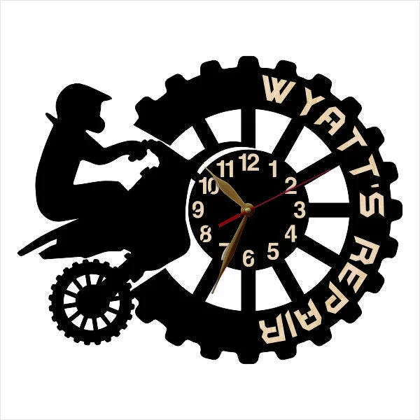 Racing gift clock with motocross silhouette and personalization