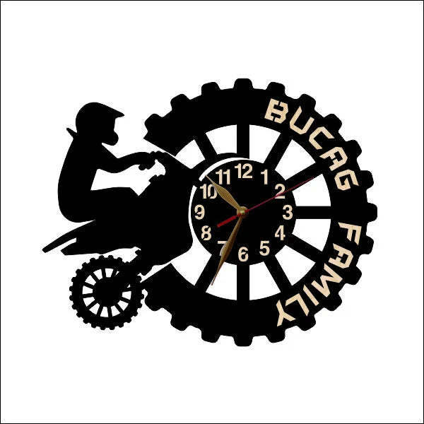Black wooden gear clock with dirt bike rider and custom text