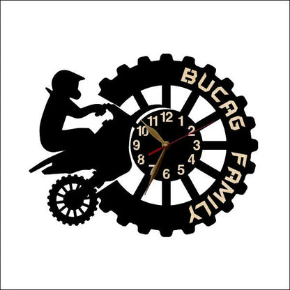 Black wooden gear clock with dirt bike rider and custom text